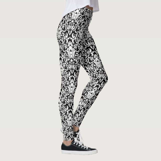 Leggings Patrón elegante de Damasco blanco y negro (Derecha)