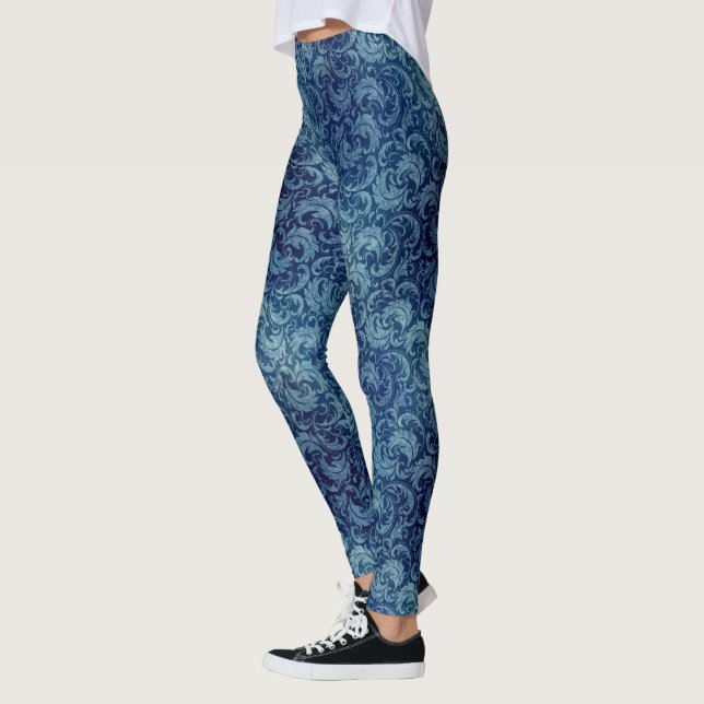 Leggings Patrón elegante de Damasco Vintage azul (Izquierda)