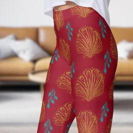 Leggings Patrón elegante de fanáticos del Peacock Rojo del 