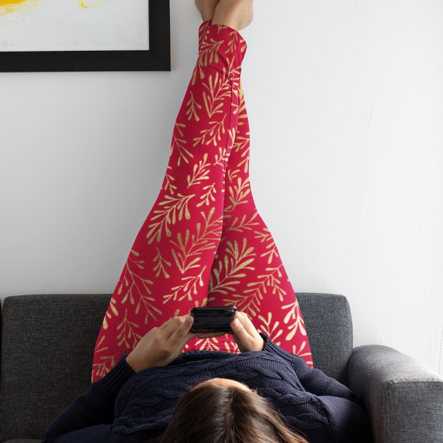 Leggings Patrón elegante de hoja de oro rojo de lujo (Subido por el creador)