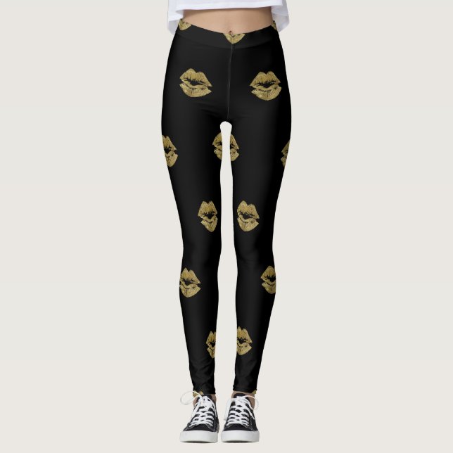 Leggings Patrón elegante de labios Purpurina dorados (Anverso)