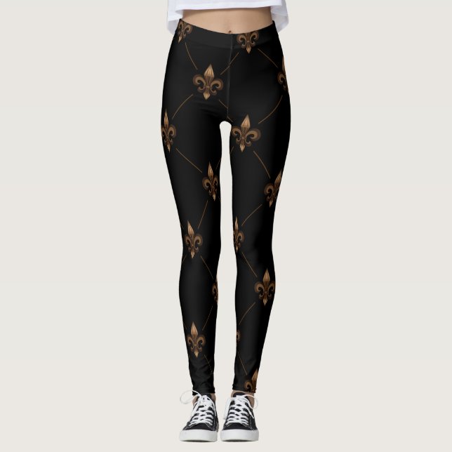 Leggings Patrón elegante de lujo Black Gold Fleur De Lis (Anverso)