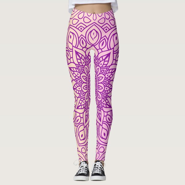 Leggings Patrón elegante de Mandala de gradiente morado (Anverso)