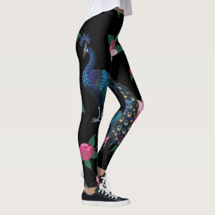 Leggings Patrón elegante de pavos reales y flores rosas