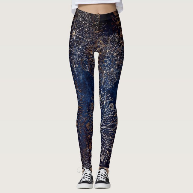 Leggings Patrón elegante dorado y azul oscuro de Mandala (Anverso)