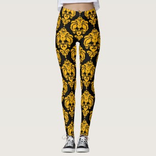 Leggings Patrón elegante moderno chic damasco amarillo y ne