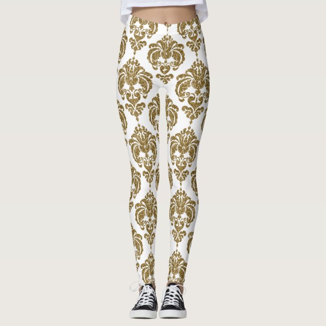 Leggings Patrón elegante moderno chic damasco dorado y blan (Anverso)