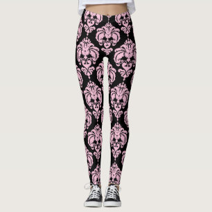 Leggings Patrón elegante moderno chic damasco rosa y negro