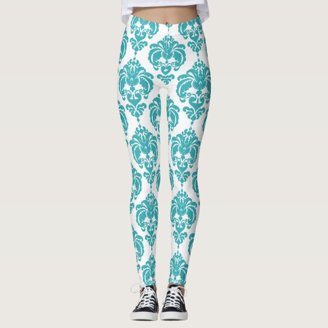 Leggings Patrón elegante moderno chic damasco verde azulado (Anverso)