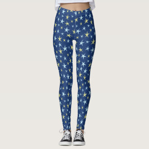 Leggings Patrón espacial de estrellas retro azul geométrico