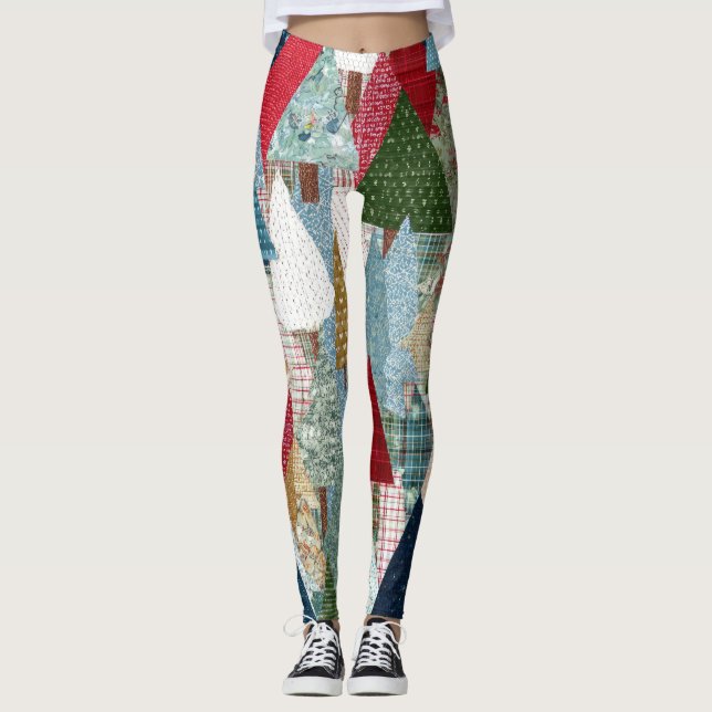 Leggings Patrón festivo de árbol de Navidad de patchwork (Anverso)