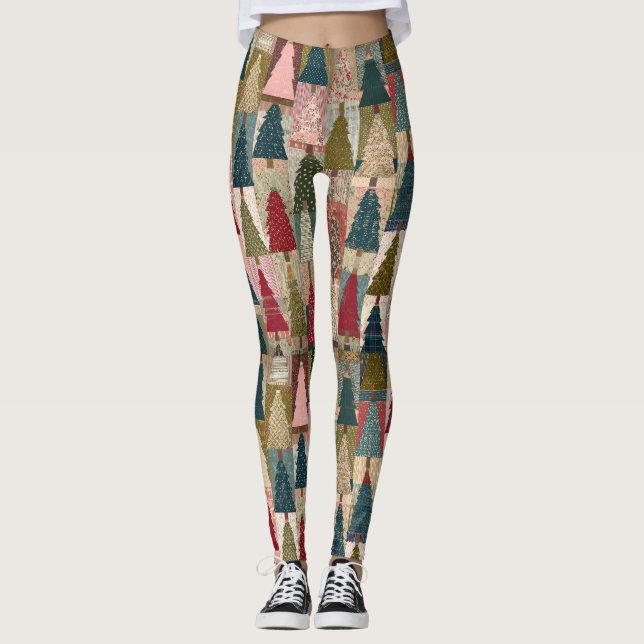 Leggings Patrón festivo de árbol de Navidad en patchwork (3 (Anverso)