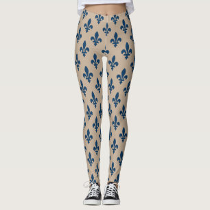 Leggings Patrón Fleur de Lis, azul francés real en crema