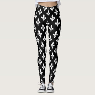 Leggings Patrón Fleur de Lis, francés real, blanco sobre ne