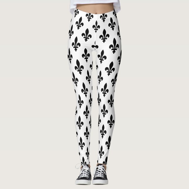 Leggings Patrón Fleur de Lis, francés real, negro sobre bla (Anverso)