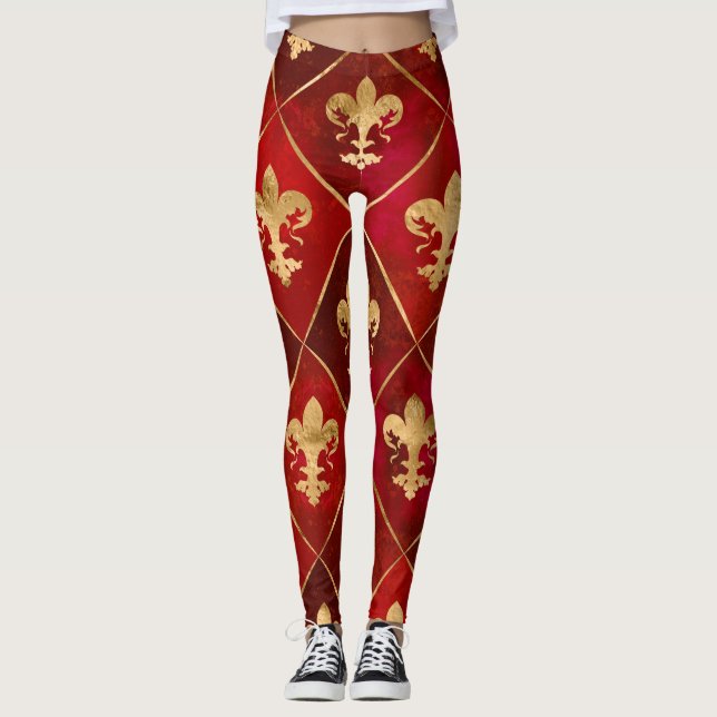 Leggings Patrón Fleur-de-lis rojo de lujo (Anverso)