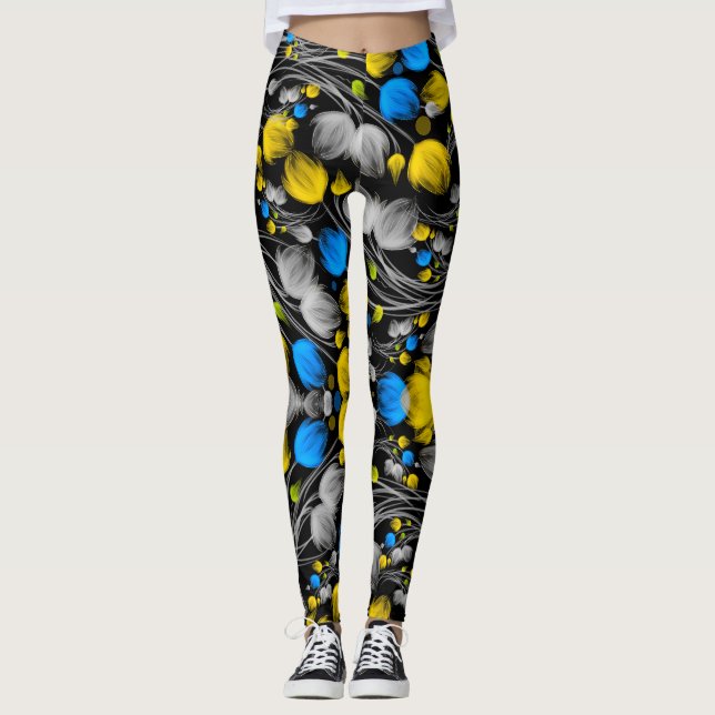 Leggings Patrón floral abstracto brillante sobre fondo negr (Anverso)