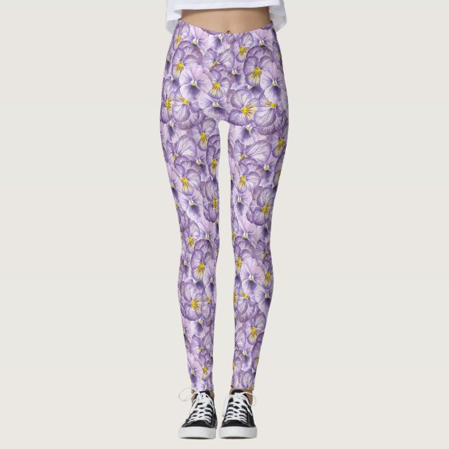 Leggings Patrón floral acuarela con paneles violetas (Anverso)