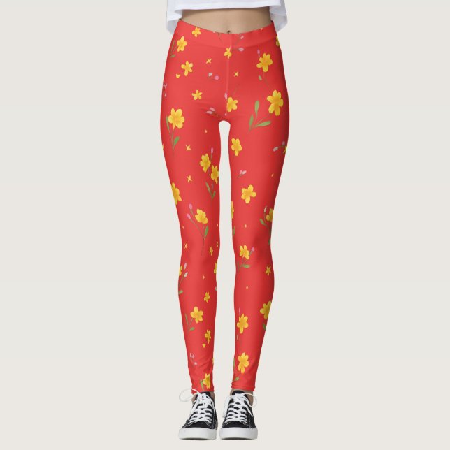 Leggings Patrón floral amarillo en rojo (Anverso)