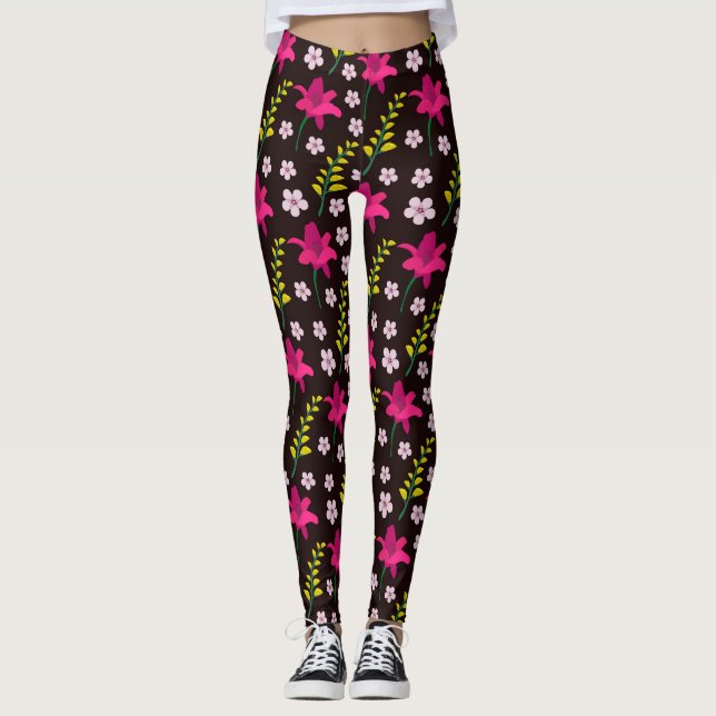 Leggings Patrón floral audaz sobre fondo negro (Anverso)