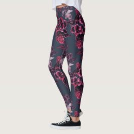 Leggings Patrón floral azul borgoña de la marina de lujo