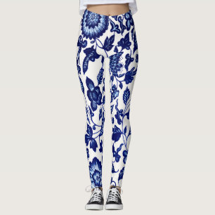 Leggings Patrón floral azul marino oscuro chino sobre blanc