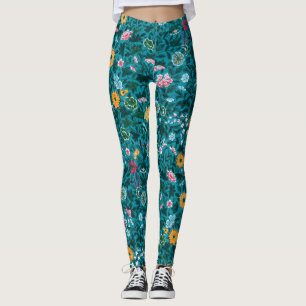 Leggings Patrón floral azul Verde azulado verde rojo rosa a