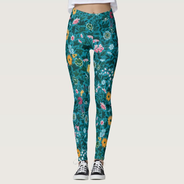 Leggings Patrón floral azul Verde azulado verde rojo rosa a (Anverso)