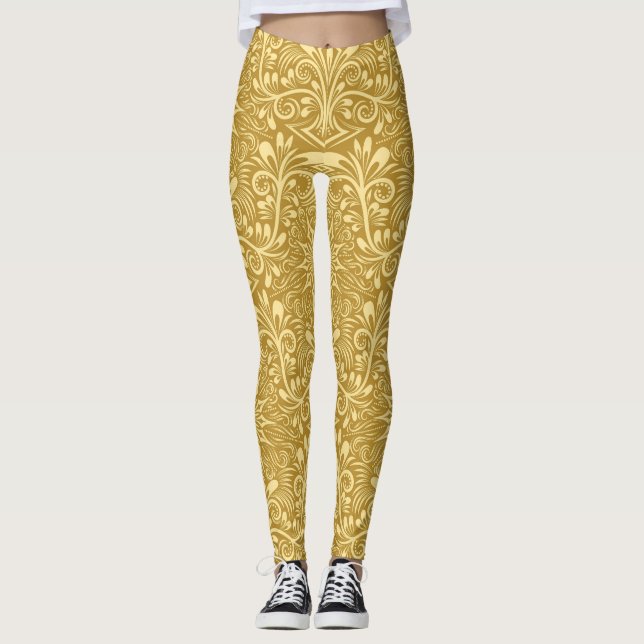 Leggings Patrón floral barroco de Damasco dorado (Anverso)