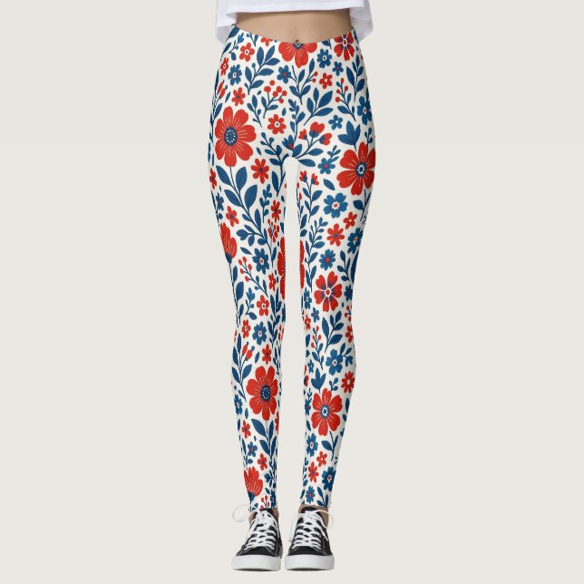 Leggings patrón floral con tema de EE. UU./estadounidense (Anverso)