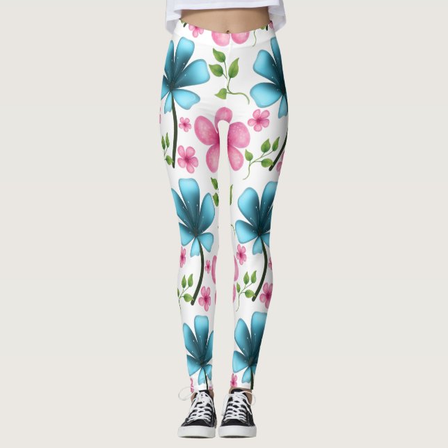 Leggings Patrón floral continuo rosa y azul (Anverso)