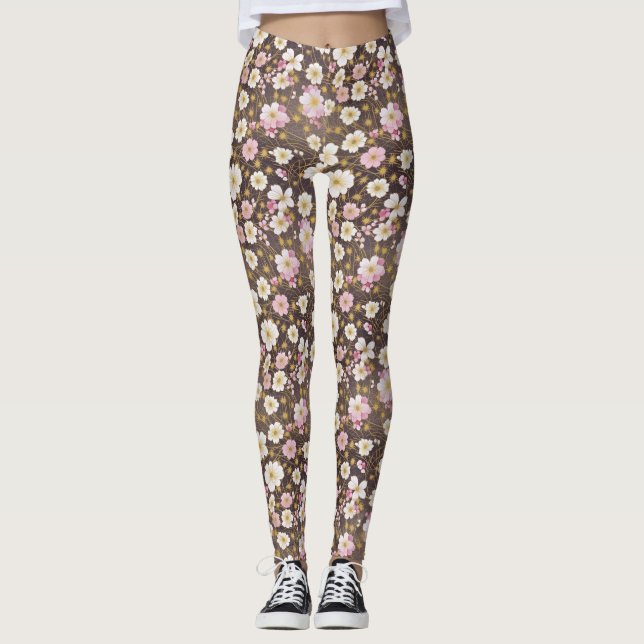 Leggings Patrón floral Cosmos rosa y blanco (Anverso)