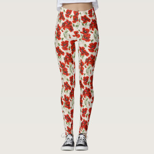 Leggings Patrón Floral de Amapola Roja Vintage Arte Botánic