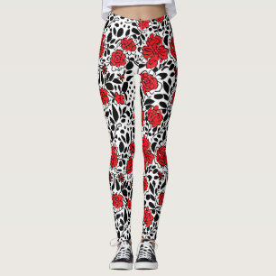 Leggings Patrón floral de bonito en rojo, negro y blanco