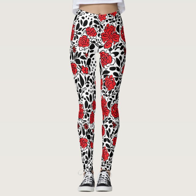 Leggings Patrón floral de bonito en rojo, negro y blanco (Anverso)