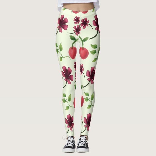 Leggings Patrón floral de cereza roja (Anverso)
