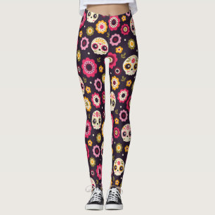 Leggings Patrón floral de cráneo de azúcar mexicano