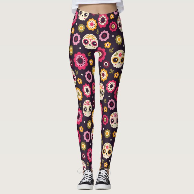 Leggings Patrón floral de cráneo de azúcar mexicano (Anverso)