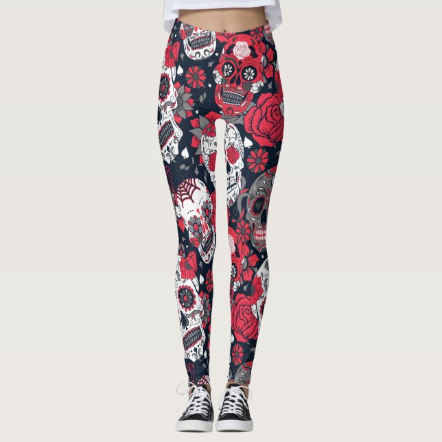 Leggings Patrón floral de cráneo rojo (Anverso)