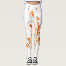 Leggings Patrón floral de damasco blanco y naranja con volu