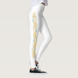 Leggings Patrón floral de damasco blanco y naranja con volu