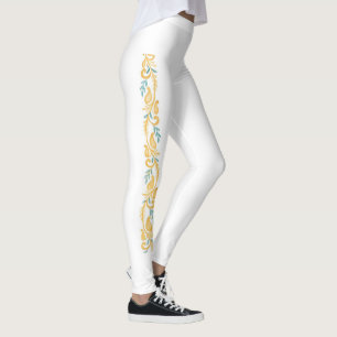 Leggings Patrón floral de damasco blanco y naranja con volu