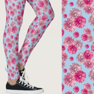 Leggings Patrón floral de gerbera rosa y azul claro