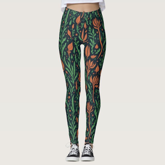 Leggings Patrón floral de hojas verdes rojas botánicas mode (Anverso)