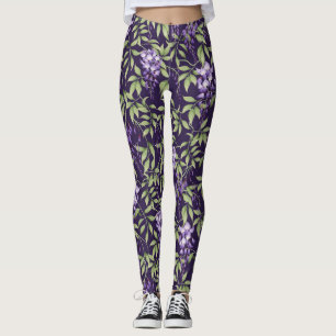 Leggings Patrón floral de hojas verdes y glicinias