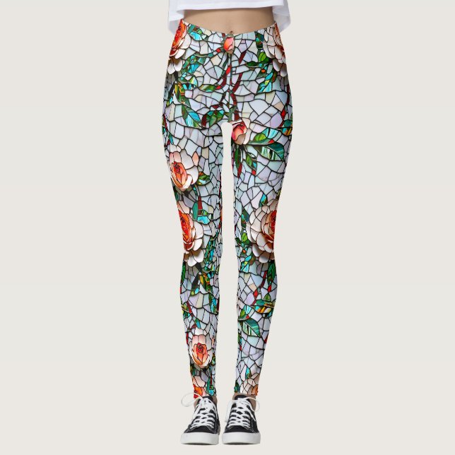Leggings Patrón floral de imitación de mosaico de Bonito (Anverso)