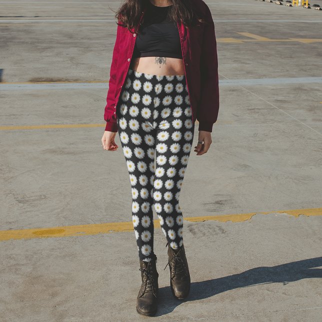 Leggings Patrón floral de margarita blanca sobre negro (In Situ)