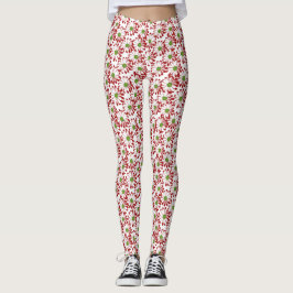 Leggings Patrón floral de margarita roja y verde navidad