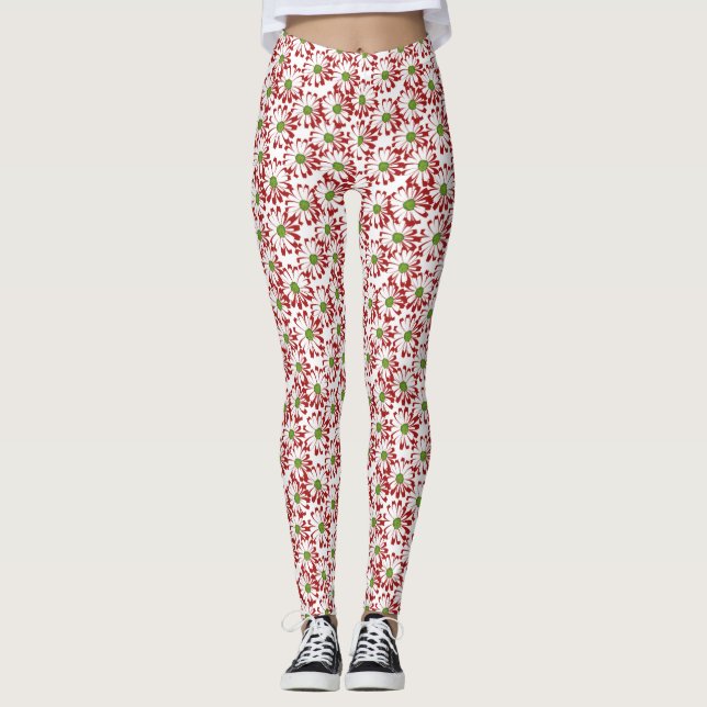 Leggings Patrón floral de margarita roja y verde navidad (Anverso)