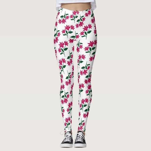Leggings Patrón floral de margarita rosada sobre fondo blan (Anverso)